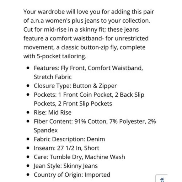 ANA New Approach 30W SHORT Mid Rise Skinny Jeans Women Plus Size 30 W Jean *2D - Picture 5 of 10